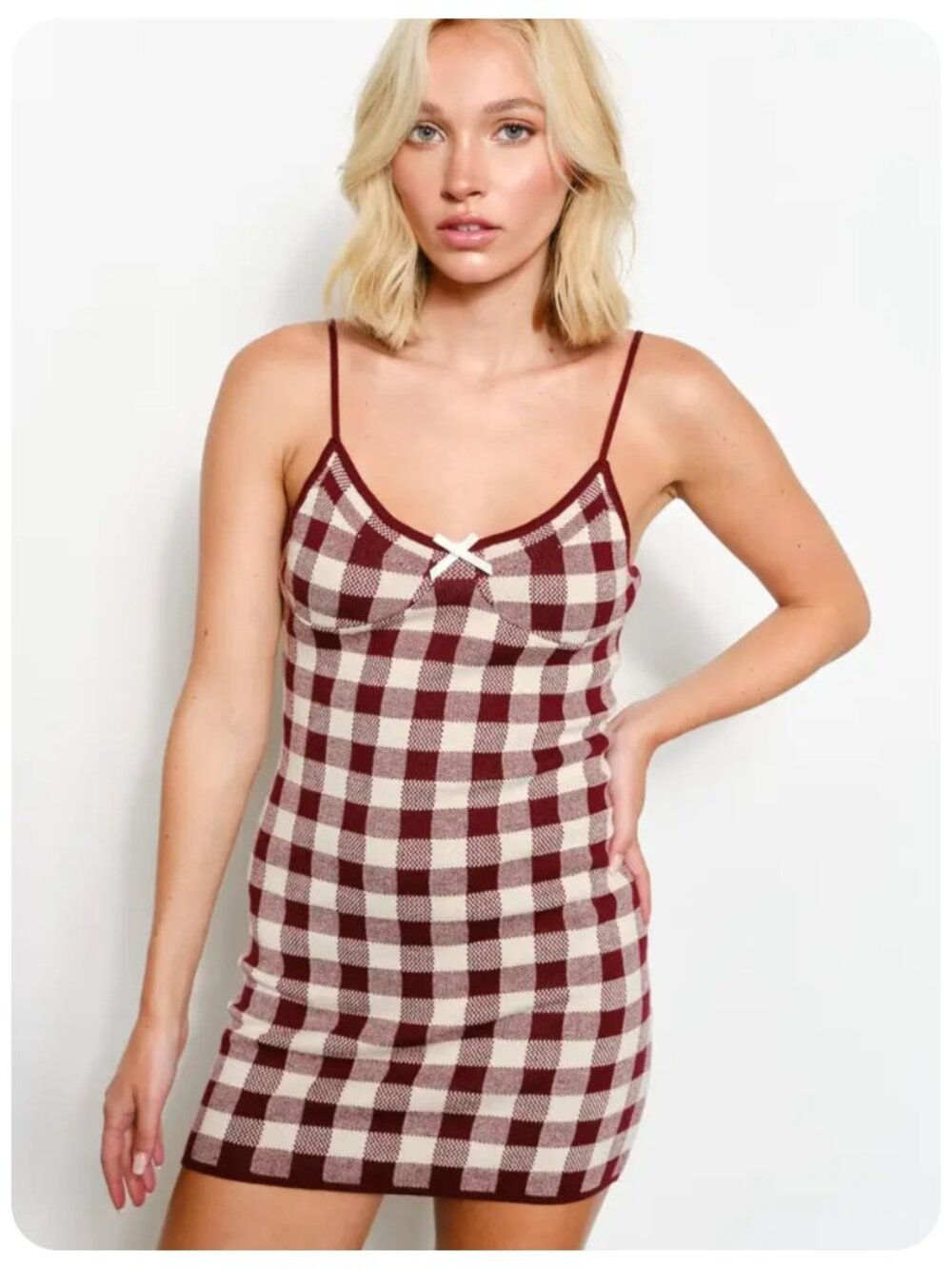 NWT Pretty Garbage Burgundy Nessa Knit Gingham Spaghetti Strap Mini Dress sz M
